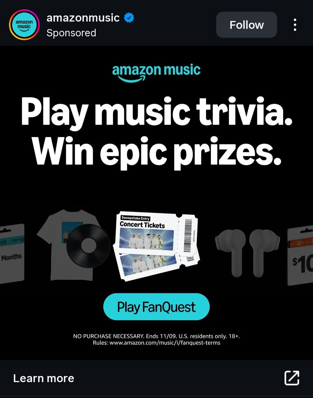 Sponsored Instagram post by @amazonmusic — 'Play music trivia. Win epic prizes.' with a montage of prizes including a t-shirt, vinyl, concert tickets, earbuds, and gift cards, and a teal 'Play FanQuest' button.