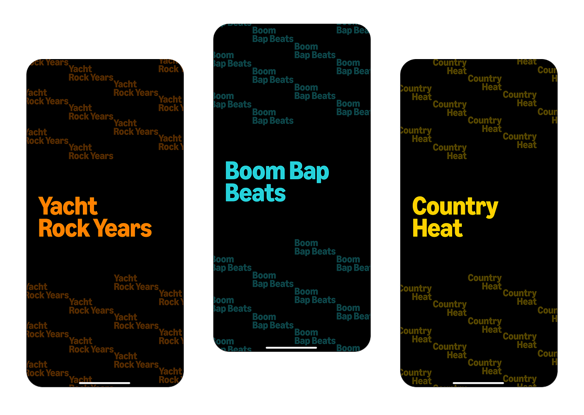 Three FanQuest theme splash screens side-by-side — Yacht Rock Years in orange, Boom Bap Beats in cyan, and Country Heat in yellow — each with the theme name repeated as a tessellating background pattern.