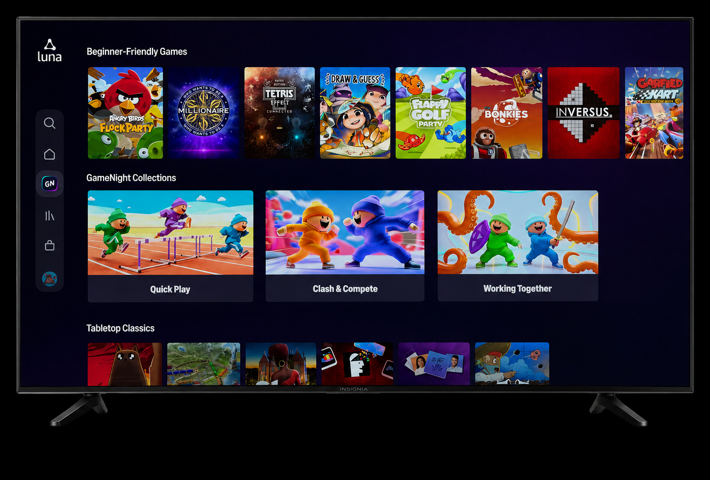 Luna GameNight Collections screen on Fire TV, showing social-context categories like Quick Play, Clash & Compete, and Working Together.