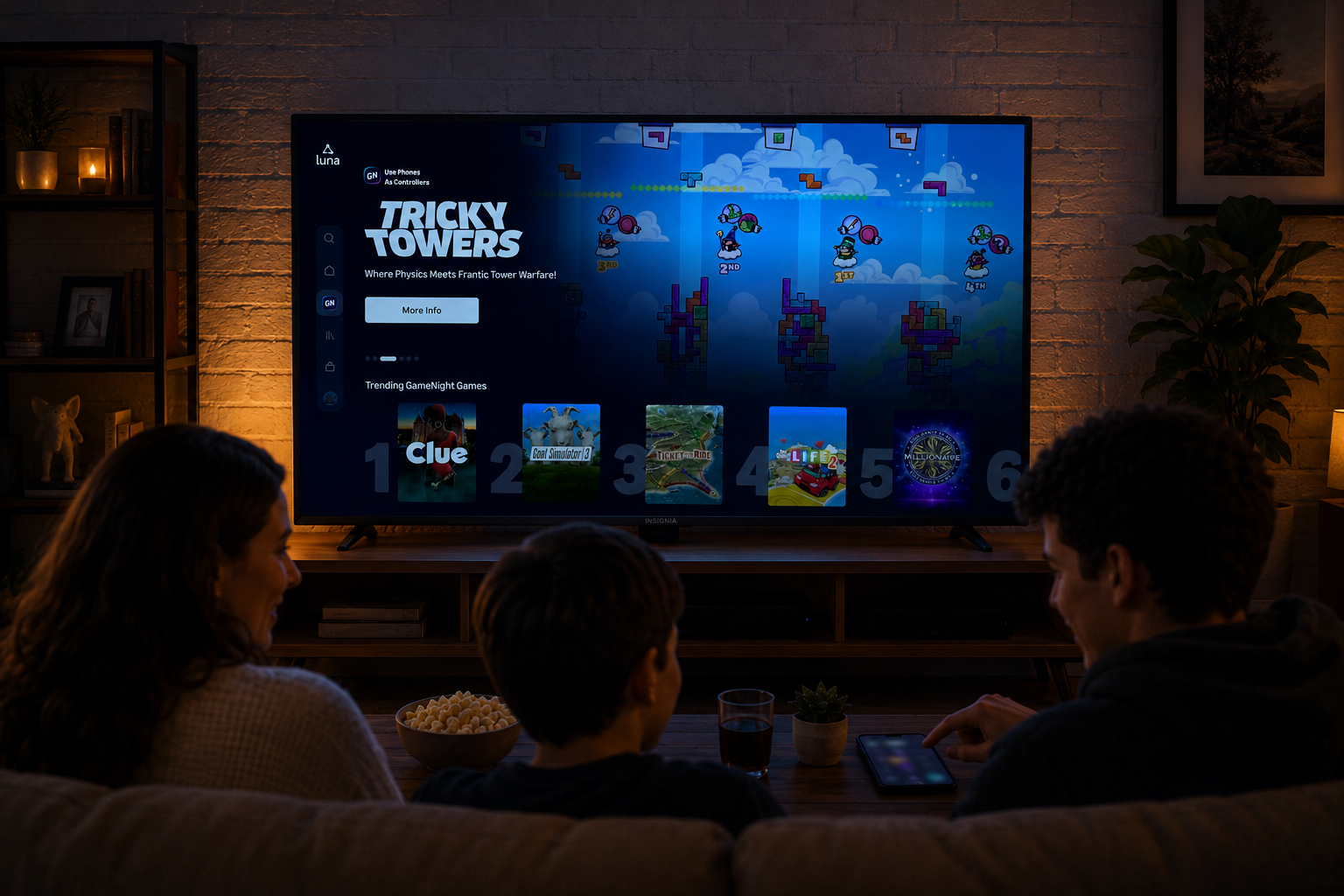 A family in a living room playing GameNight on TV, using phones as controllers.