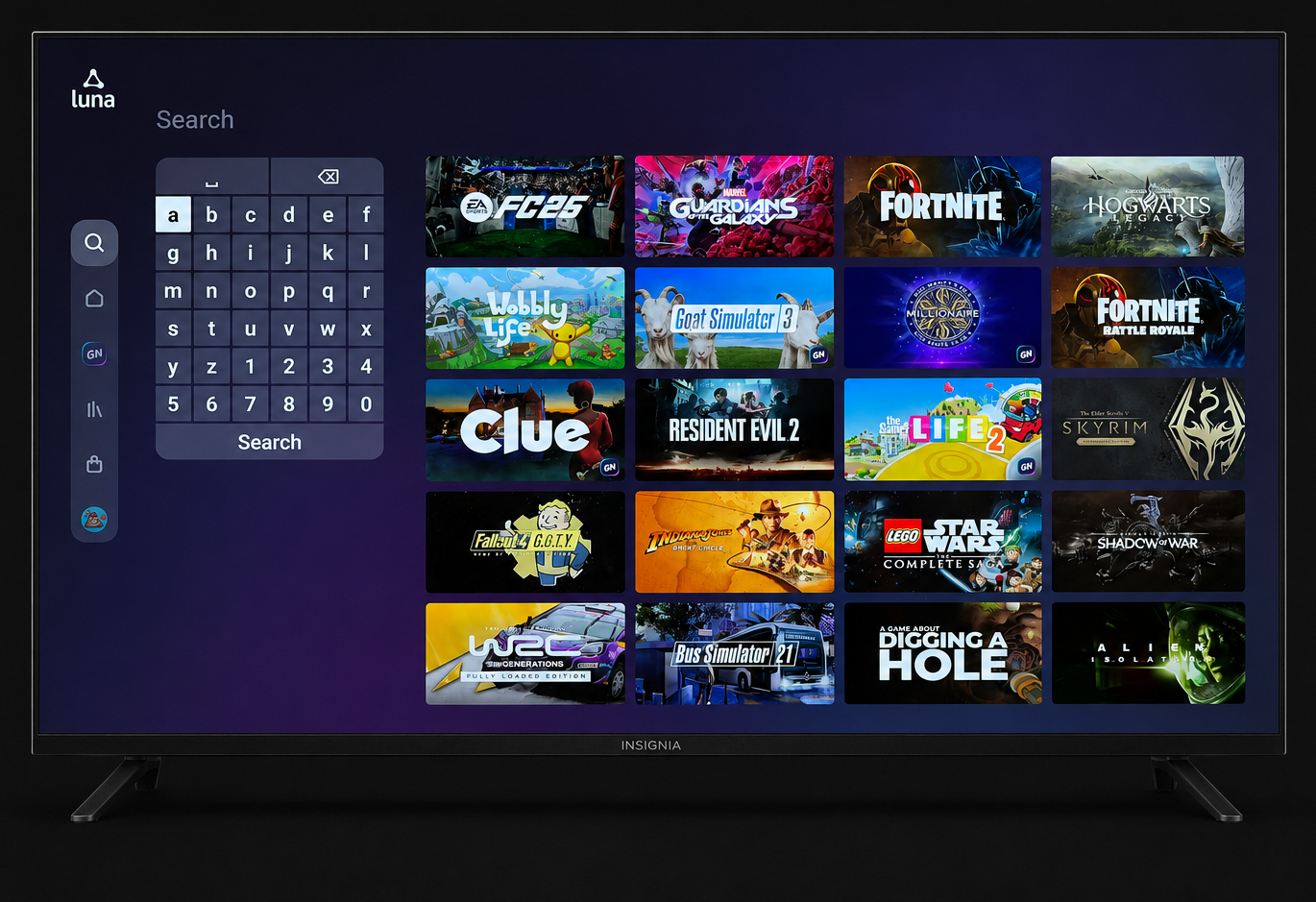 Luna GameNight search screen designed for the 10-foot viewing distance.