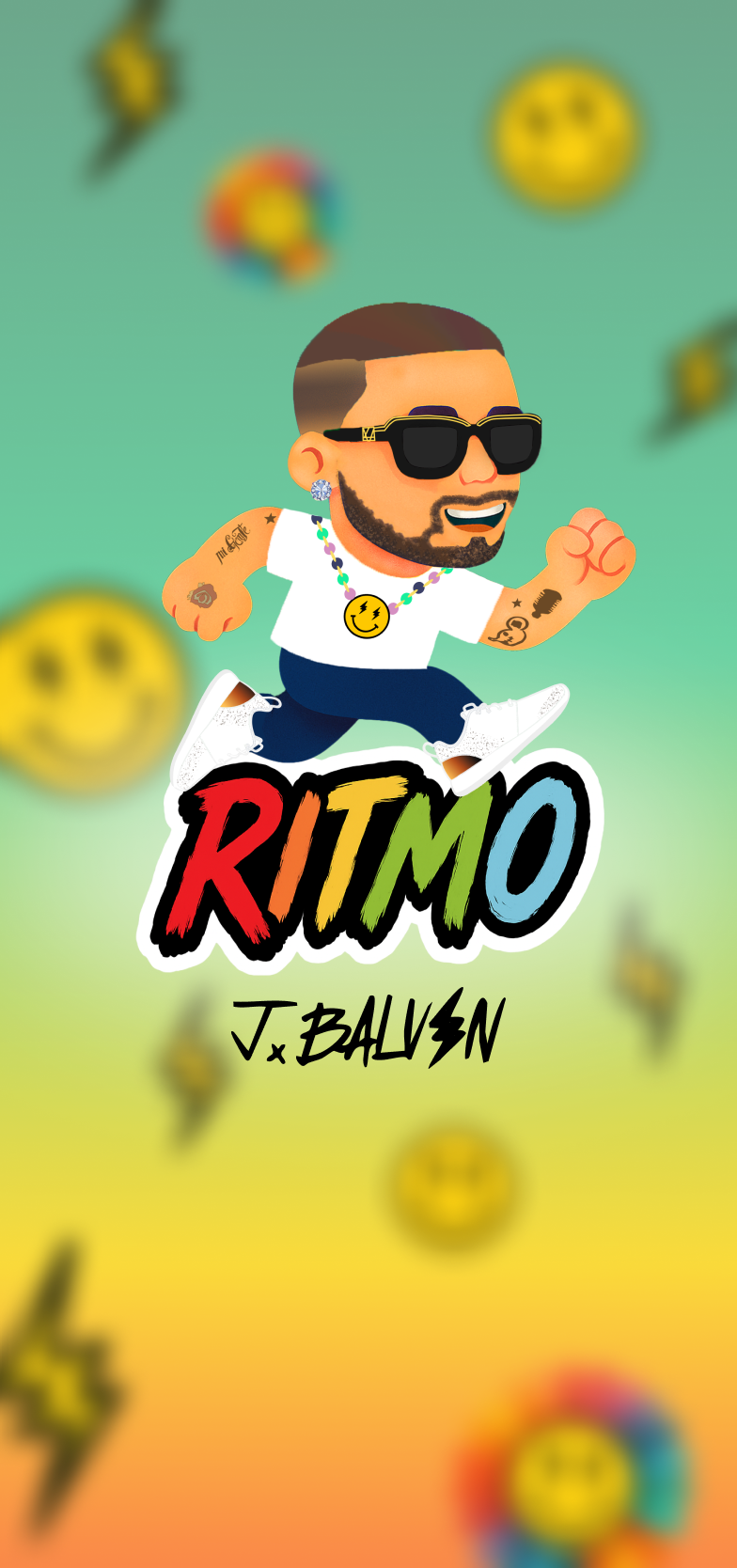 Ritmo splash screen — animated J Balvin character above the RITMO logo with the byline J × Balvin.