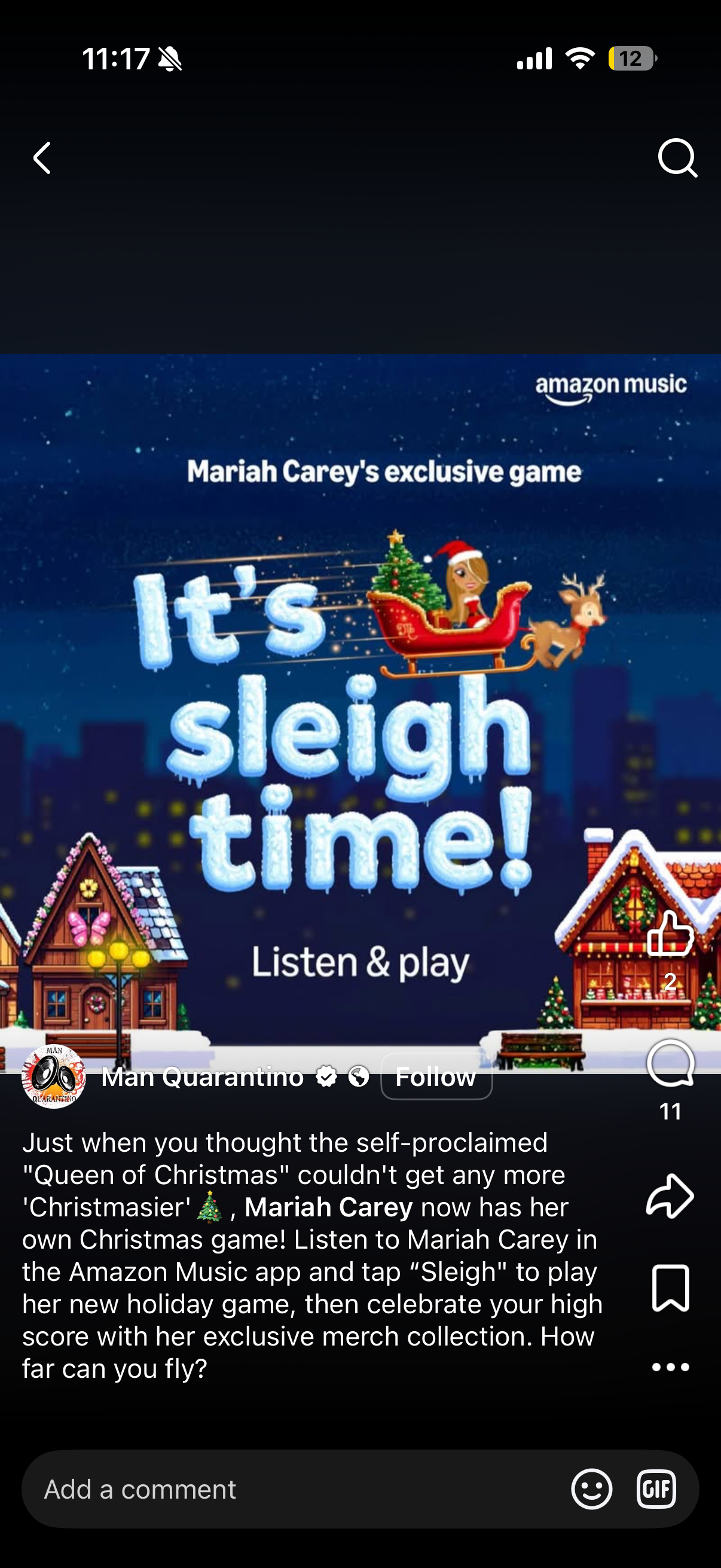 Facebook post about Mariah Carey's Sleigh game by Man Quarantino — 'It's sleigh time!' artwork with caption celebrating the Queen of Christmas's new holiday game.
