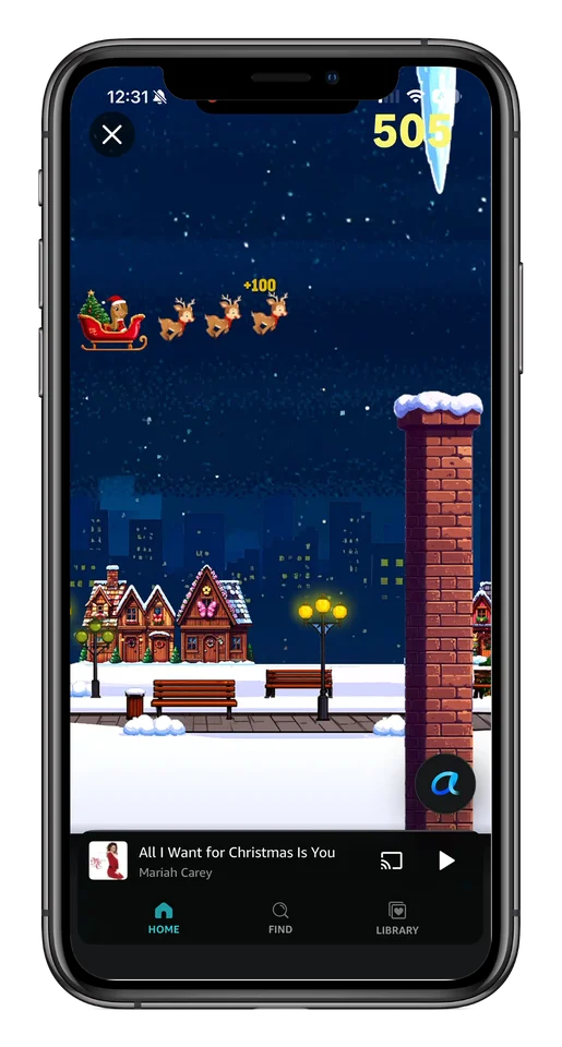 Sleigh gameplay on iPhone — Mariah on a reindeer-pulled sleigh dodging icicles while All I Want For Christmas Is You plays.