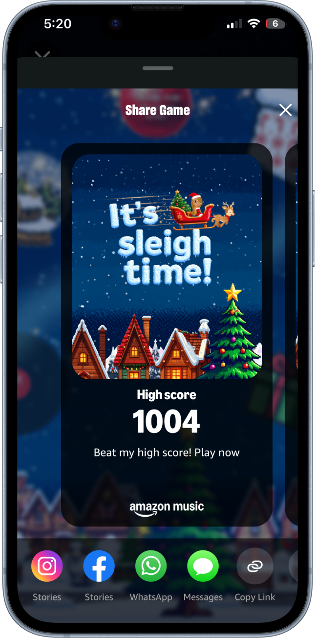 Sleigh share screen on iPhone — It's sleigh time! High score 1004, Beat my high score! Play now.